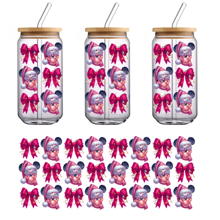 A festive collection of cute, pink-clad Santa-themed icons with bows, perfect for holiday decorations or designs.UV Transfers heat press transfers