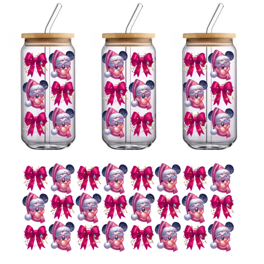 A festive collection of cute, pink-clad Santa-themed icons with bows, perfect for holiday decorations or designs.UV Transfers heat press transfers