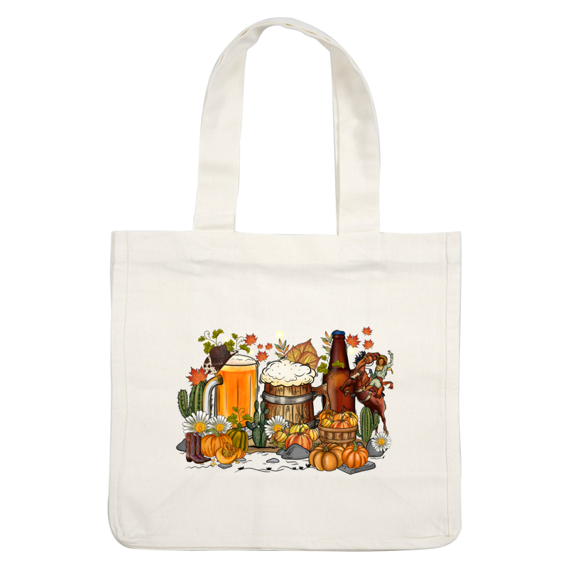 Celebrate autumn with a vibrant illustration featuring beer, pumpkins, daisies, and festive decor, perfect for a seasonal gathering!DTF Transfers heat press transfers heat press transfers