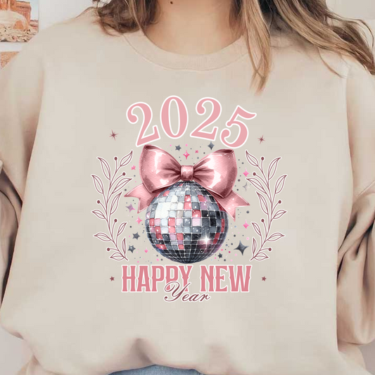 Celebrate the New Year 2025 with this festive design featuring a disco ball adorned with a pink bow and floral accents!DTF Transfers dtf prints