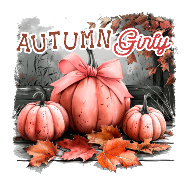 Charming autumn-themed illustration featuring pink pumpkins adorned with a bow, surrounded by colorful autumn leaves. heat press transfers