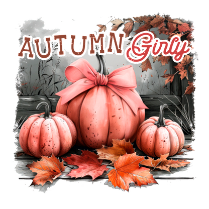 Charming autumn-themed illustration featuring pink pumpkins adorned with a bow, surrounded by colorful autumn leaves. heat press transfers