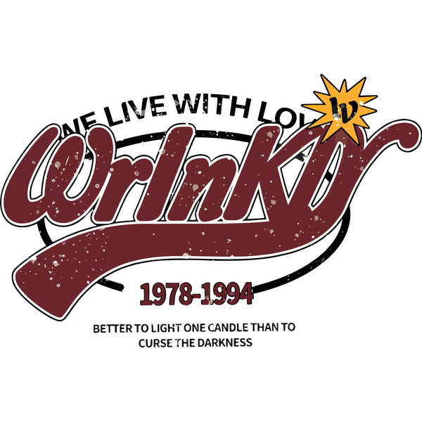 Logotipo vintage de 1978 a 1994 que presenta "WrINKD" con un eslogan pegadizo sobre encender una vela en lugar de maldecir.