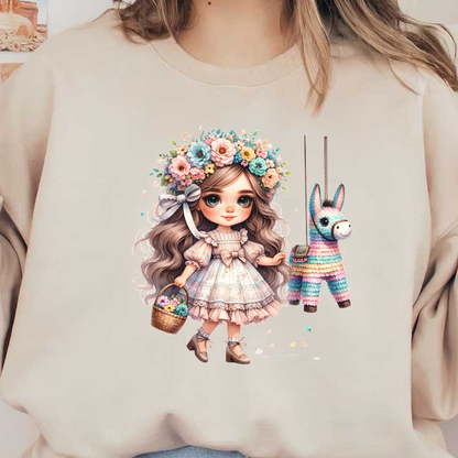 Una niña caprichosa con una corona de flores sostiene una canasta de flores junto a una piñata colorida, exudando un encanto divertido.