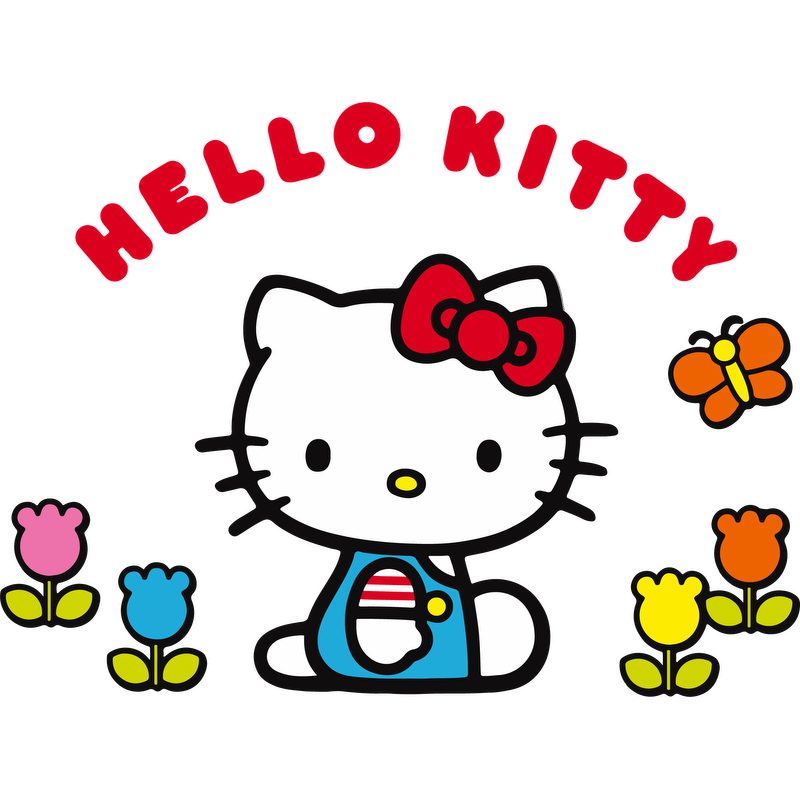 Join Hello Kitty in a whimsical garden, surrounded by colorful flowers and a cheerful butterfly, radiating cuteness and joy!DTF Transfers