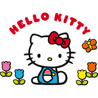 Join Hello Kitty in a whimsical garden, surrounded by colorful flowers and a cheerful butterfly, radiating cuteness and joy!DTF Transfers