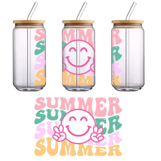 Colorful "SUMMER" text layered with a happy smiley face making peace signs, perfect for capturing the fun vibe of the season!UV Transfers dtf prints