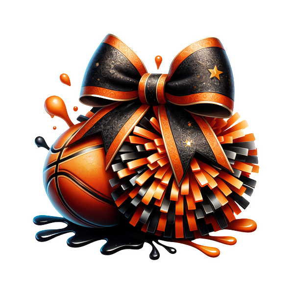 A vibrant illustration featuring a basketball adorned with a stylish black and orange bow, alongside a matching pom-pom.DTF Transfers dtf transfers