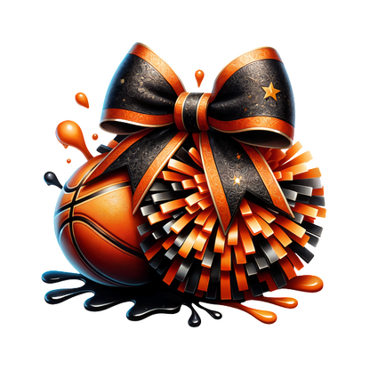 A vibrant illustration featuring a basketball adorned with a stylish black and orange bow, alongside a matching pom-pom.DTF Transfers dtf transfers