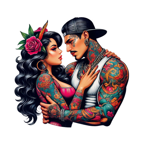 A vibrant tattooed couple shares an intimate moment, adorned with colorful body art and surrounded by lush floral accents.DTF Transfers heat press transfers