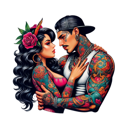 A vibrant tattooed couple shares an intimate moment, adorned with colorful body art and surrounded by lush floral accents.DTF Transfers heat press transfers