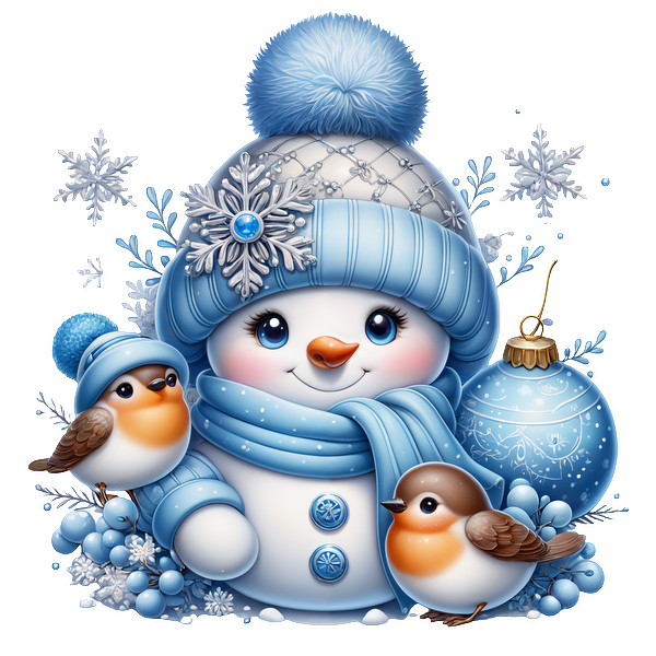 A cheerful snowman dressed in cozy blue attire, surrounded by two birds and festive decorations, radiates winter charm.DTF Transfersdtf regular iron