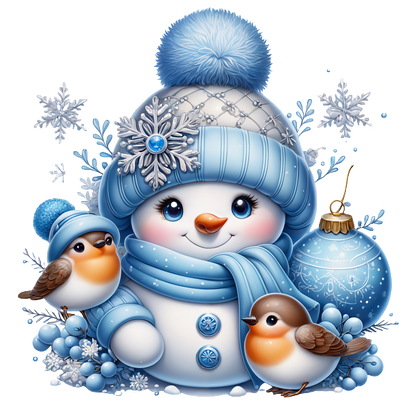 A cheerful snowman dressed in cozy blue attire, surrounded by two birds and festive decorations, radiates winter charm.DTF Transfersdtf regular iron