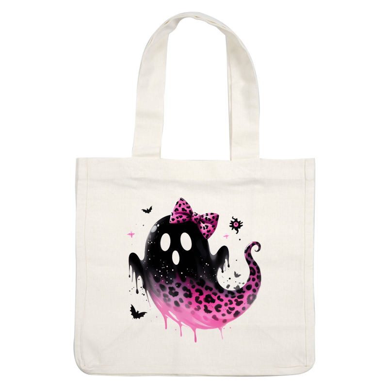 Este lindo fantasma presenta un diseño con estampado de leopardo negro y rosa con un lazo encantador, creando una apariencia divertida y caprichosa.