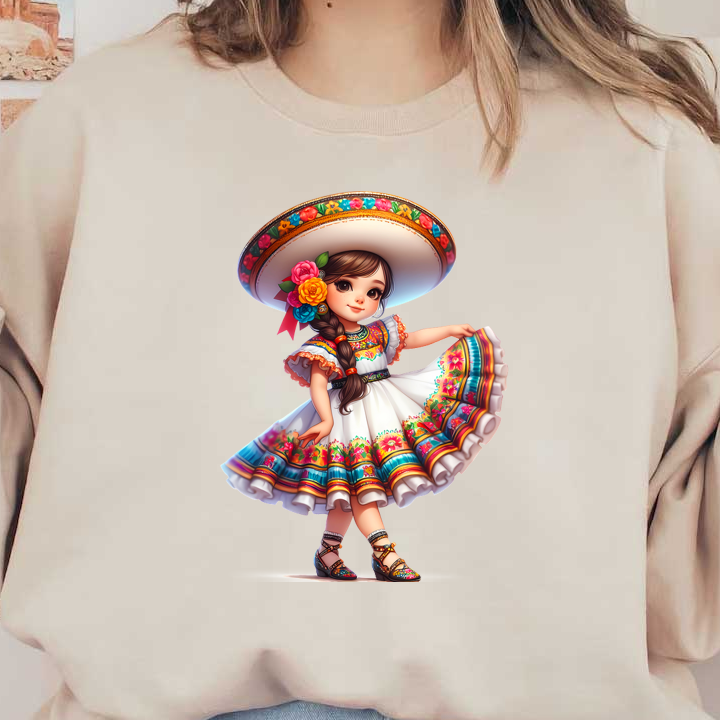 Una joven alegre con un vestido tradicional mexicano, adornado con patrones florales vibrantes y un gran sombrero.