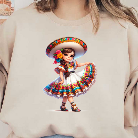 A cheerful young girl in a traditional Mexican dress, adorned with vibrant floral patterns and a large sombrero. dtf transfers