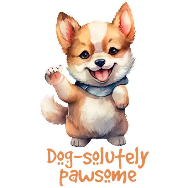 Esta alegre ilustración presenta un lindo Corgi saludando con una expresión juguetona, acompañado por el texto "Dog-ssolutely Pawsome".