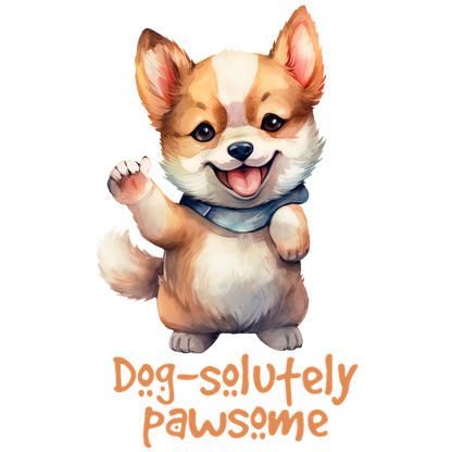 Esta alegre ilustración presenta un lindo Corgi saludando con una expresión juguetona, acompañado por el texto "Dog-ssolutely Pawsome".