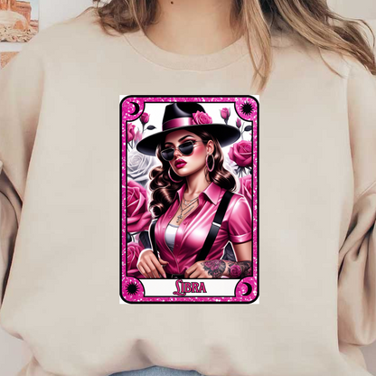 A stylish illustration of a woman representing Libra, adorned in pink, with a wide-brimmed hat and floral accents.dtf regular iron