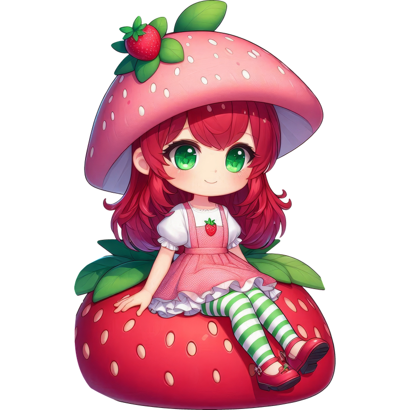 A charming animated character with a strawberry-themed hat sits on a vibrant strawberry, dressed in a playful pink outfit.DTF Transfers