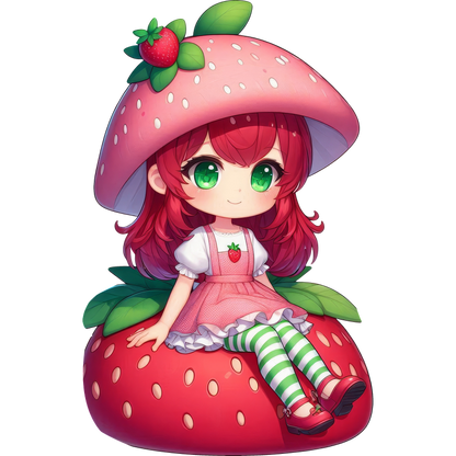 A charming animated character with a strawberry-themed hat sits on a vibrant strawberry, dressed in a playful pink outfit.DTF Transfers