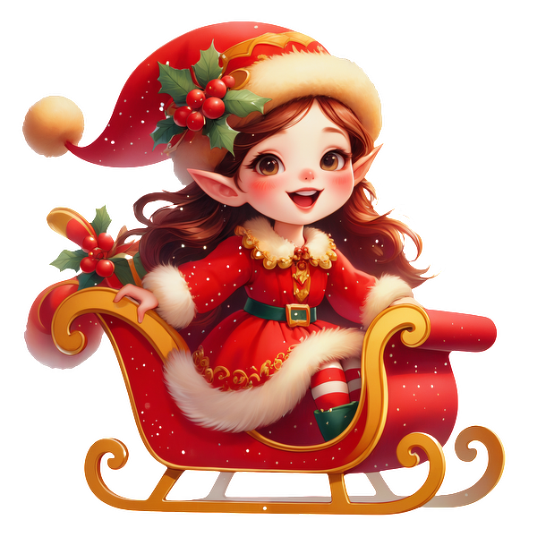 A cheerful elf in a festive red dress and holiday hat sits in a decorated sleigh, radiating Christmas joy.DTF Transfersdtf regular iron