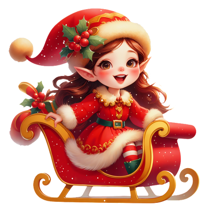 A cheerful elf in a festive red dress and holiday hat sits in a decorated sleigh, radiating Christmas joy.DTF Transfersdtf regular iron