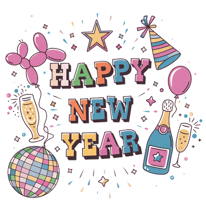 Celebrate the occasion with this festive "Happy New Year" design featuring colorful balloons, a disco ball, and sparkling drinks!DTF Transfers