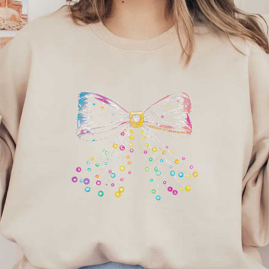 A dazzling, multi-colored bow with sparkling beads and trailing ribbons, perfect for adding a vibrant touch to any outfit. heat press transfers