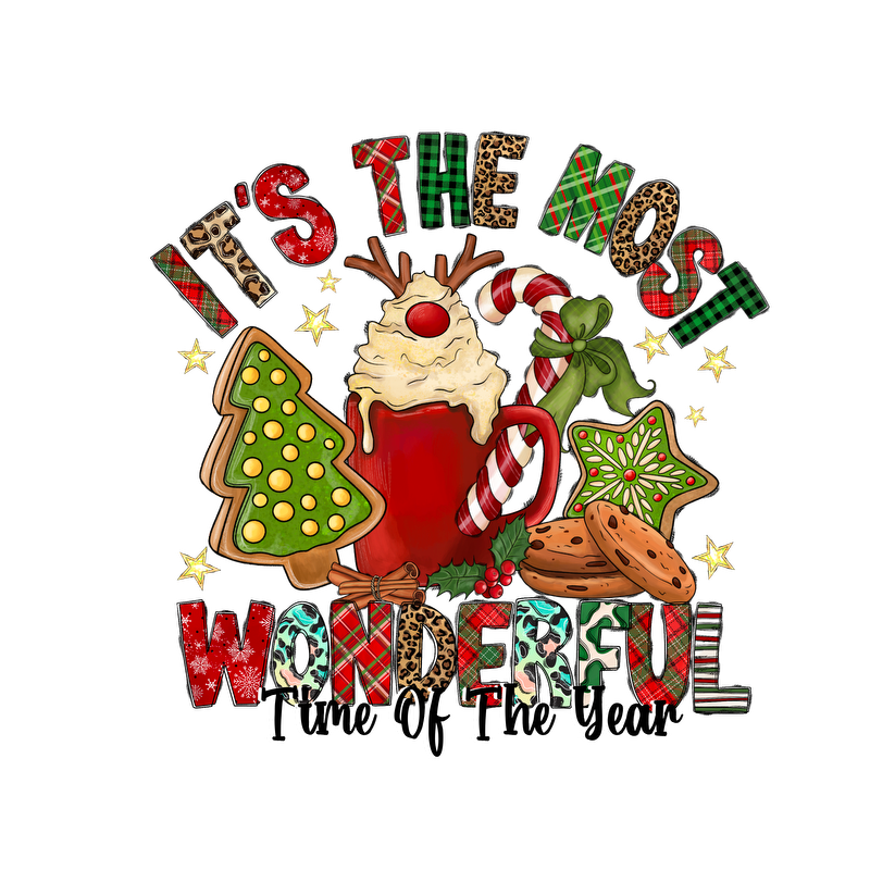 Celebrate the festive season with this cheerful design featuring a holiday drink, cookies, and vibrant Christmas-themed elements!DTF Transfers heat press transfers