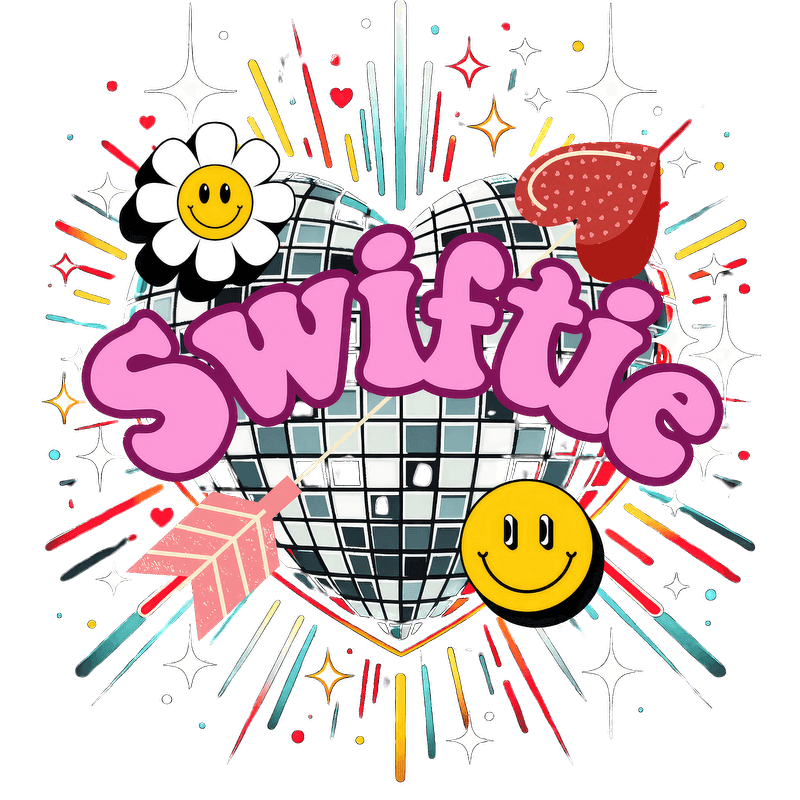 A vibrant and playful design featuring the word "Swiftie" with a disco heart, smiley faces, flowers, and colorful accents.DTF Transfers