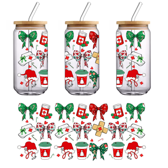 A cheerful assortment of holiday-themed medical symbols, including pills, first aid kits, festive bows, and Christmas cups.UV Transfersdtf regular iron