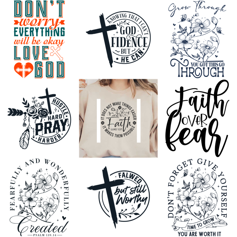 A set of black short-sleeve t-shirts with various religious and inspirational quotes.DTF Transfers