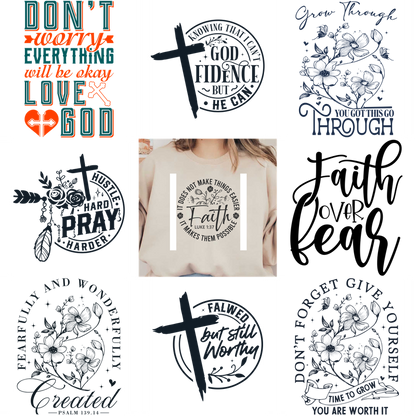 A set of black short-sleeve t-shirts with various religious and inspirational quotes.DTF Transfers