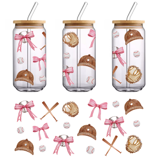 A playful collection of baseball-themed illustrations featuring hats, gloves, bats, and baseballs, all accented with pink bows.UV Transfers dtf transfers