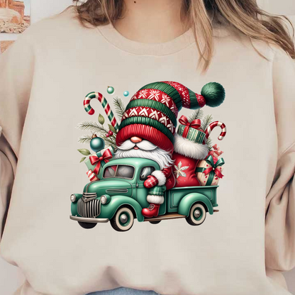 A cheerful Santa in a festive green truck, surrounded by gifts, candy canes, and holiday decorations.DTF Transfers heat press transfers