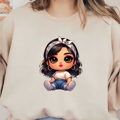 Esta adorable chica de dibujos animados presenta ojos grandes y expresivos, una elegante diadema y un lindo atuendo con jeans y una camiseta.