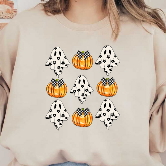 A playful Halloween-themed illustration featuring cheerful ghosts and pumpkins adorned with checkered bows and floral patterns. dtf transfers