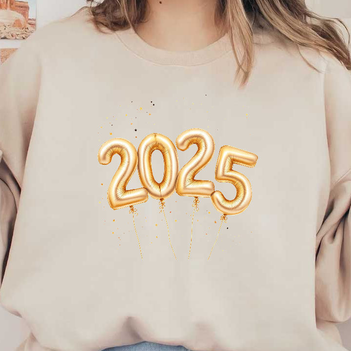 Celebrate the New Year with shiny gold foil balloons spelling out "2025," perfect for festive gatherings and parties!DTF Transfers