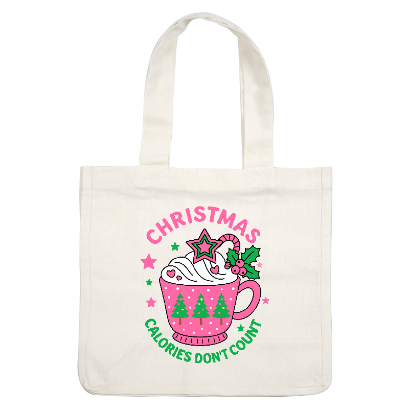 Cute pink Christmas mug filled with whipped cream, featuring trees and festive decorations!DTF Transfers