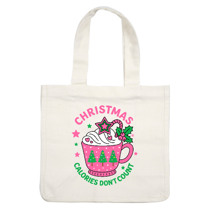 Cute pink Christmas mug filled with whipped cream, featuring trees and festive decorations!DTF Transfers