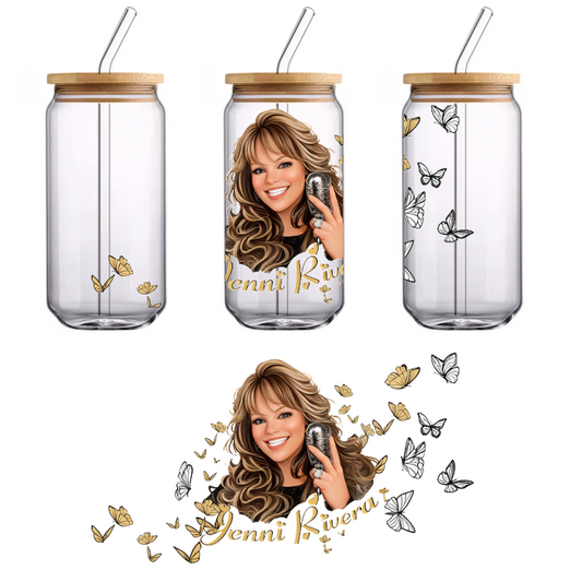 A vibrant illustrated portrait of a smiling woman with stylish hair and butterflies, featuring the name "Jenni Rivera" prominently.UV Transfers heat press transfers