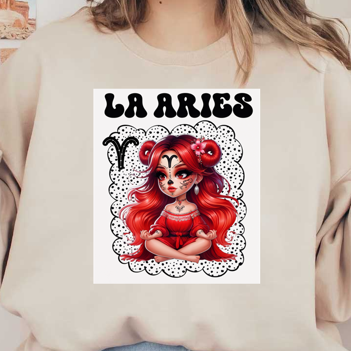 Una ilustración vibrante y divertida de una niña con cuernos de carnero y cabello rojo, que encarna el signo zodiacal Aries en un estilo caprichoso.