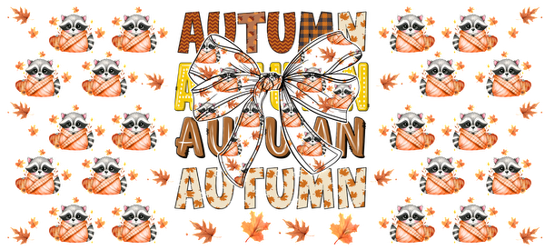 A vibrant autumn-themed design featuring cute raccoons, colorful leaves, and a large decorative bow, celebrating the season's charm.UV Transfers dtf transfers