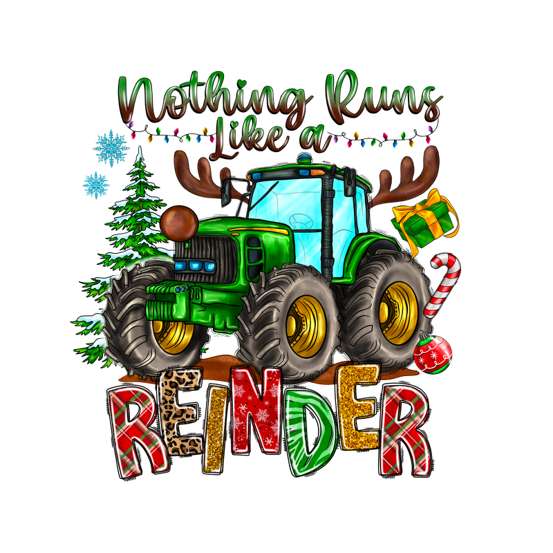 A festive and playful design featuring a green tractor with reindeer antlers, surrounded by holiday elements and whimsical text.DTF Transfers dtf transfers dtf transfers