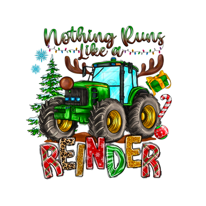 A festive and playful design featuring a green tractor with reindeer antlers, surrounded by holiday elements and whimsical text.DTF Transfers dtf transfers dtf transfers