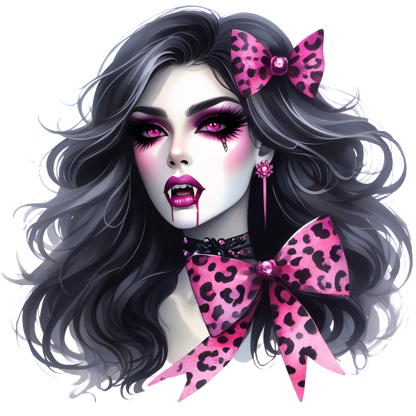 Esta llamativa ilustración presenta a una mujer vampírica con cabello largo y oscuro, maquillaje dramático y un lazo con estampado de leopardo rosa.