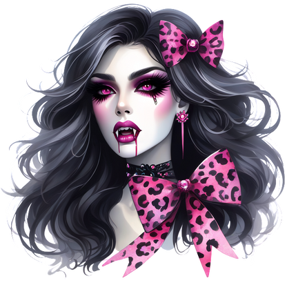 Esta llamativa ilustración presenta a una mujer vampírica con cabello largo y oscuro, maquillaje dramático y un lazo con estampado de leopardo rosa.