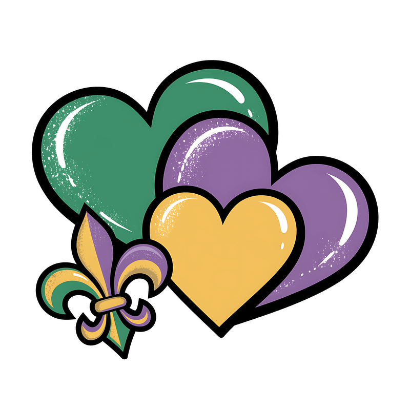 A vibrant design featuring three colorful hearts in green, purple, and yellow, complemented by a decorative fleur-de-lis.DTF Transfers