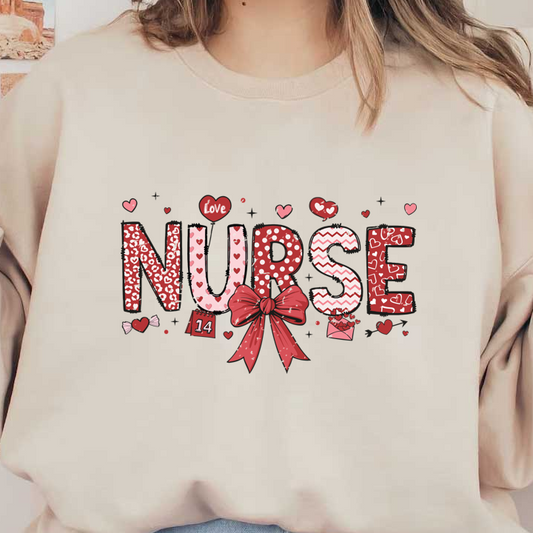 Colorful "NURSE" design adorned with hearts, patterns, and a bow, perfect for expressing appreciation for healthcare heroes.DTF Transfers